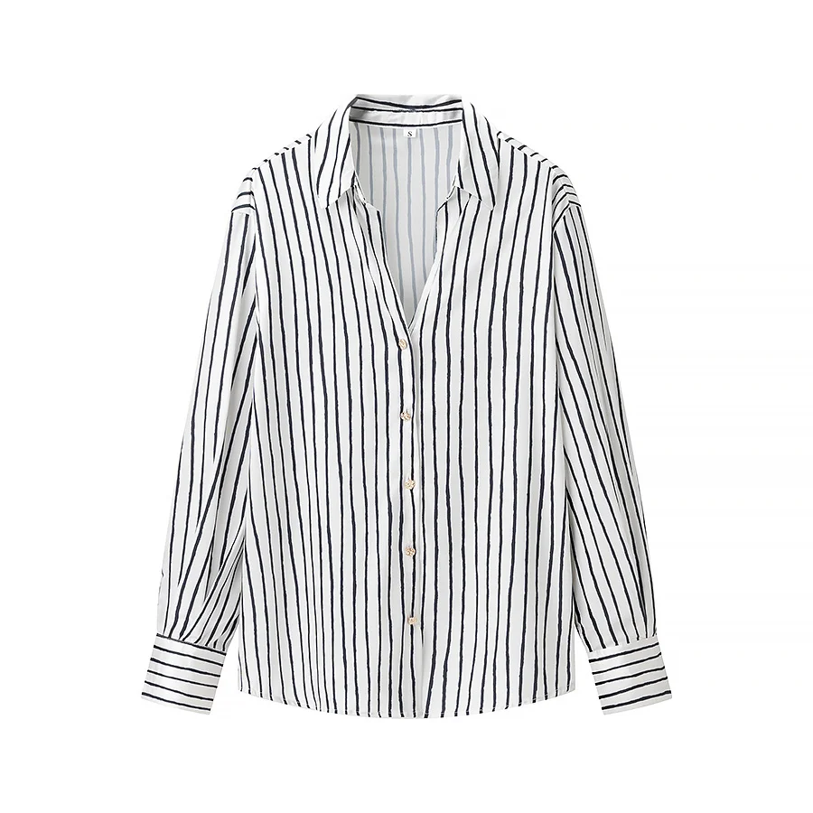 

ZBZA Spring New Women's Faion Design Single Button Silk Satin Feel irt Casual Loose Fit Long Sve Collar Striped