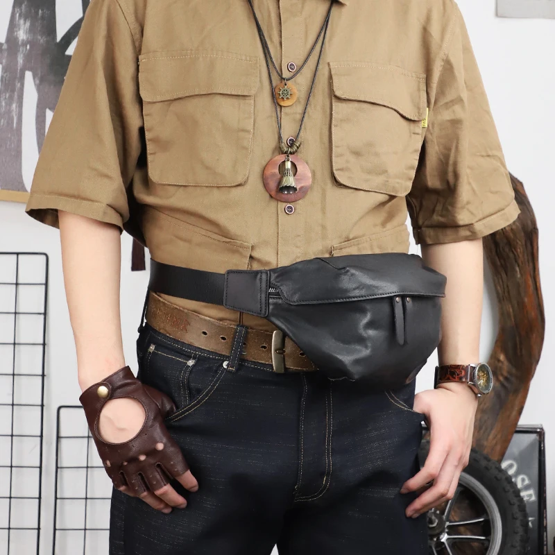 Men's Leather Chest Bags Crossbody Shoulder Bag For Male Genuine Leather Waist Pack Sling Bag For Outdoor Sports Belt Pouch