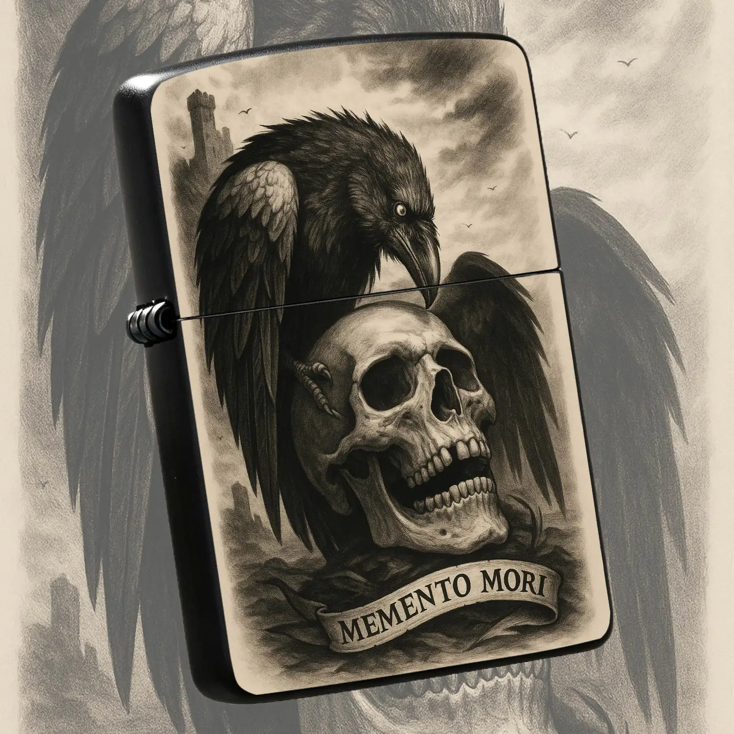 Vintage Memento Mori Themed Lighter Retro Pencil Drawing Style Dark Raven Skull Pattern Portable Accessory For Daily Use Outdoor Camping Gifting And Unique Practical Souvenir For All Occasions A Humorous And Interesting Lighter