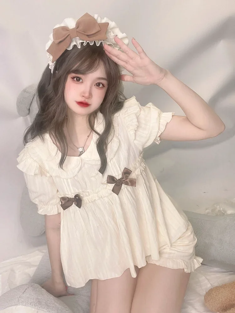 

Pajama Sets Women Folds Creativity Leisure Basics Sweet All-match Home Daily Popular Korean Style Princess Breathable Students