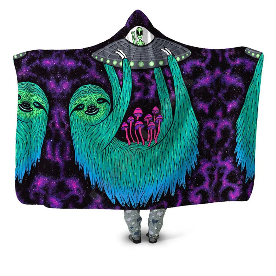 

Sloth Abduction Hooded Blanket 3D All Over Printed Adult For Kids Sherpa Fleece Wearable Blanket Microfiber Bedding