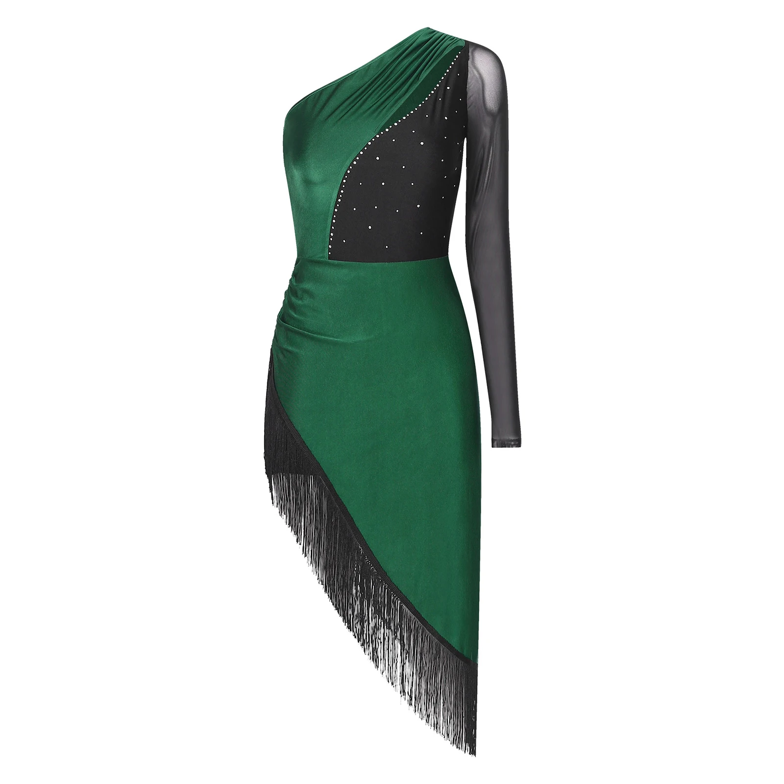 Womens Tassel Latin Dance Dress Salsa Tango Ballroom Dancing Dress Shiny Rhinestones One Shoulder Asymmetrical Fringe Dress