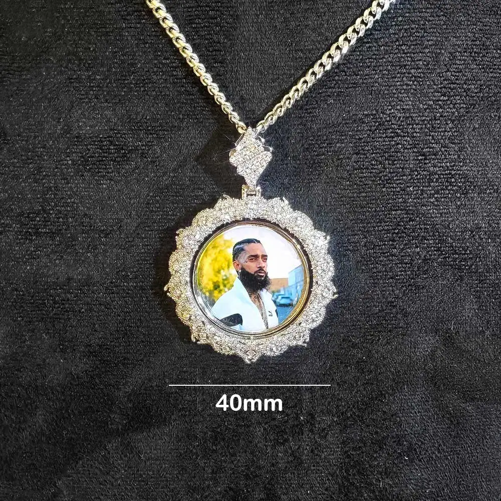 Customized Double-Sided Thorny Photo Necklace Rotating Circle Pendant Chain Personalized Brass Cubic Zirconia Hip-Hop Accessory