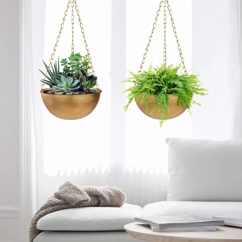 Large Gold Hanging Planter With Drainage, Semi-Circle Hanging Plant Holder For Indoor Plants, Lightweightceiling Basin