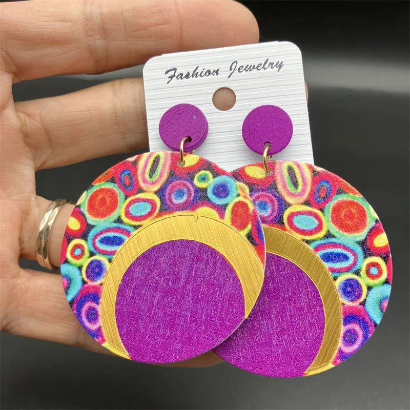 

Ethnic Exaggerated Round Printed Colorful Wooden Earrings for Women Fashion Geometric Pattern Statement Dangle Earrings Jewelry
