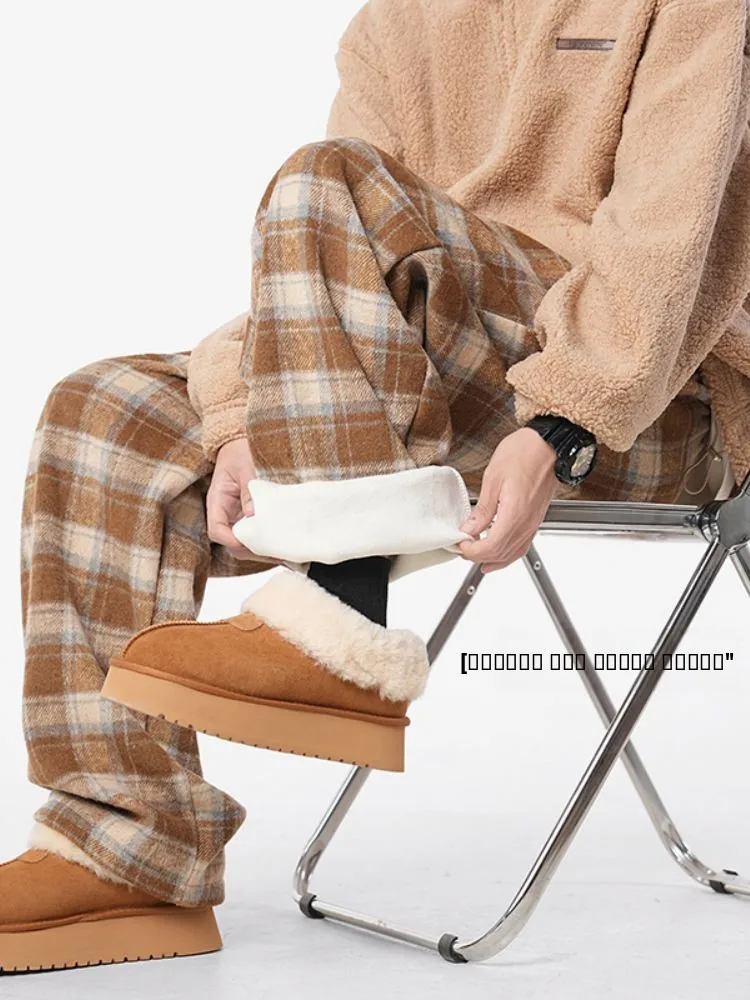 

American Retro Loose Men's Pants Winter Thiened Fce Plaid Long Trousers Casual Straight Leg Pants with kets Elastic W...