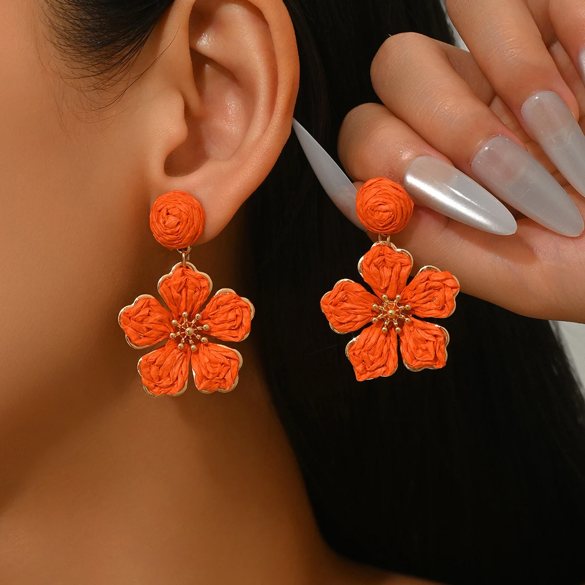 Bohemia Summer Elegant Raffia Flower for Women Girls Multi-color Handmade Sweet Rattan Knit Dangle Earrings Party Jewelry Gift