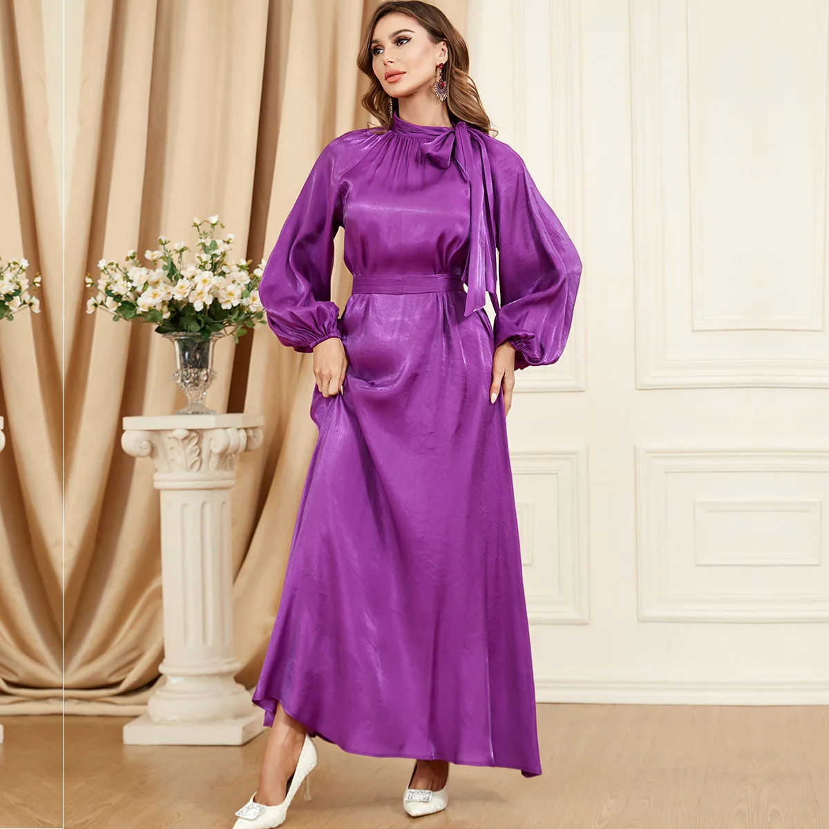 Elegant Tie Neck Abaya Lantern Sleeve Maxi Dress Women Muslim Moroccan Kaftan Ramadan Jalabiya Islam Dubai Arabic Kaftan Robes