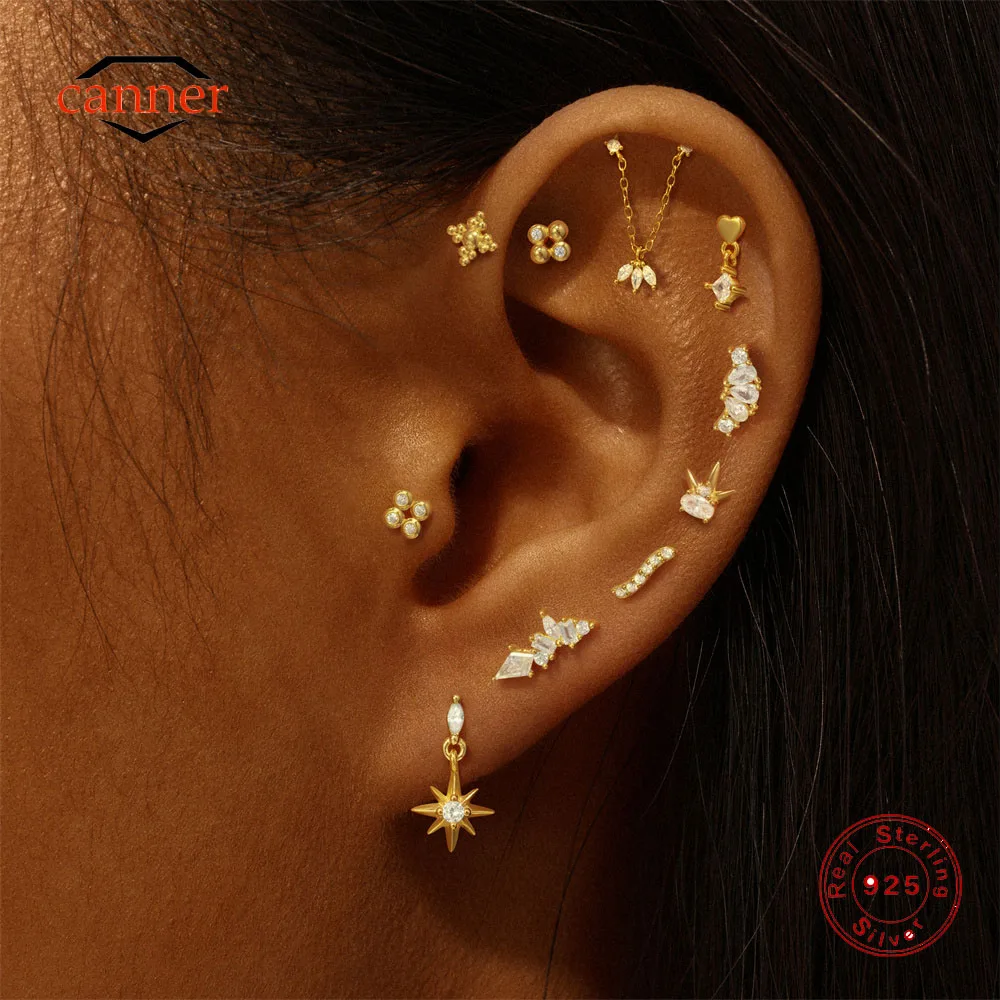 

CANNER 1PC 925 Sterling Silver Tassel Chain Horse's Eye Zircon Flat Piercing Stud Earring For Women Ins Ear Bone Fine Jewelry