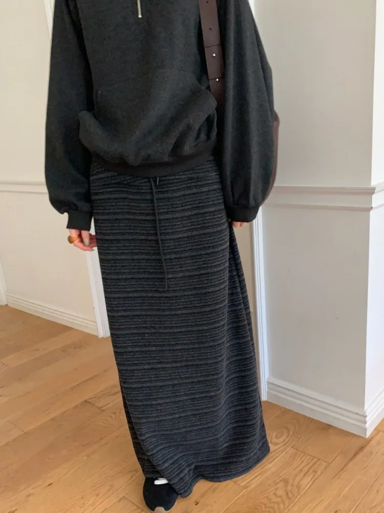 Korean Style Simple Fashion Drawstring Elastic Texture Striped Slim Mid-Length Half Skirt for Women Autumn Winter Skirts