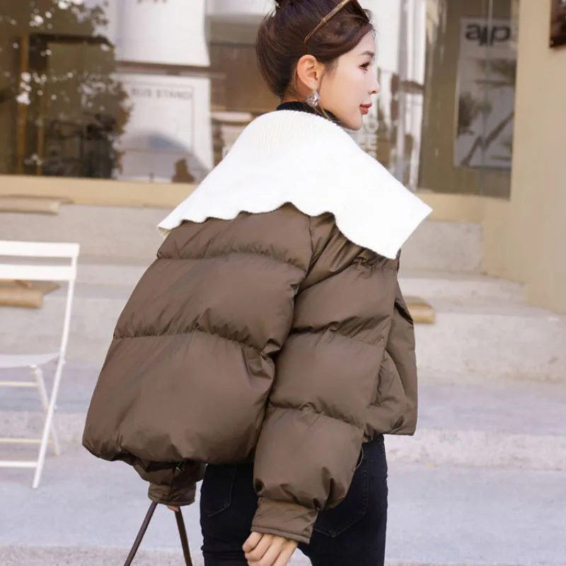 New Winter Knitt Stitching Down Cotton-Padded Women Overcoat Collar Contrast Color Cotton Jacket Short Thick Warm Parker Coats