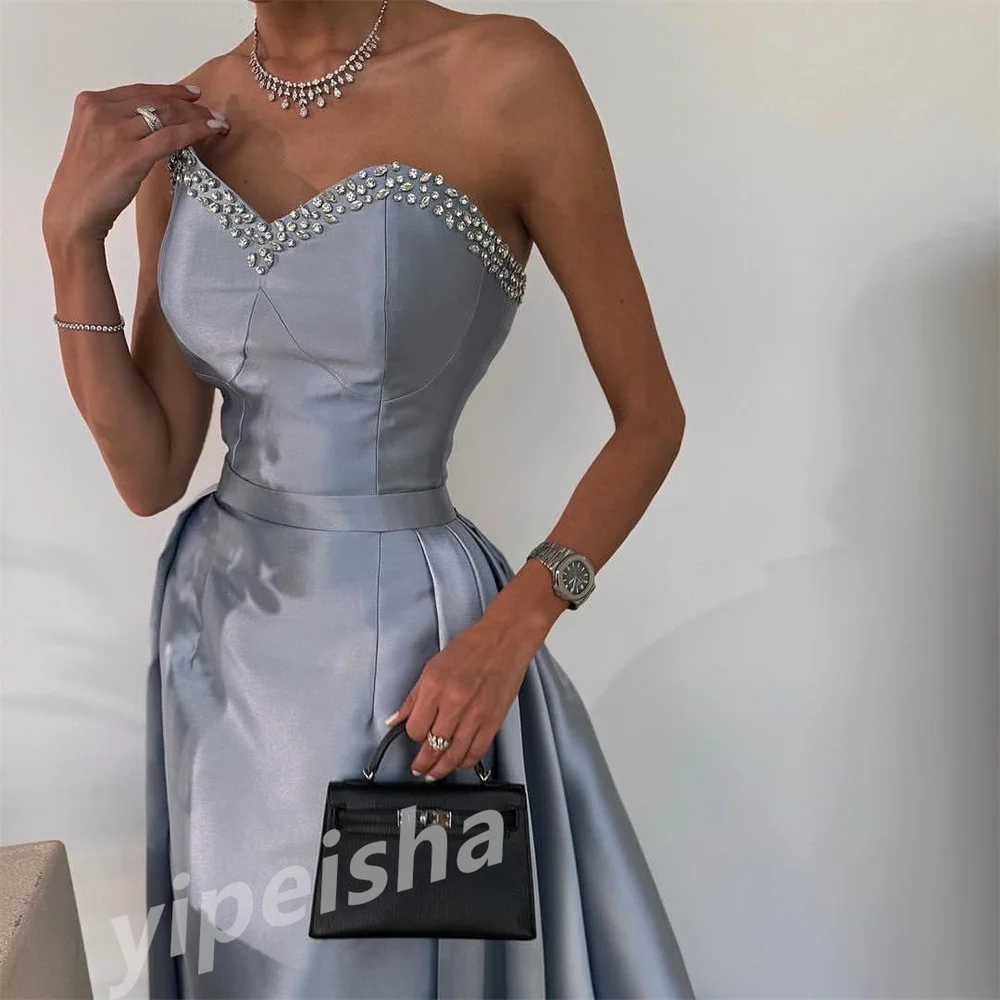 Exquisito vestido de noche de satén con diamantes de imitación para mujer, traje Formal hasta el suelo, escote corazón