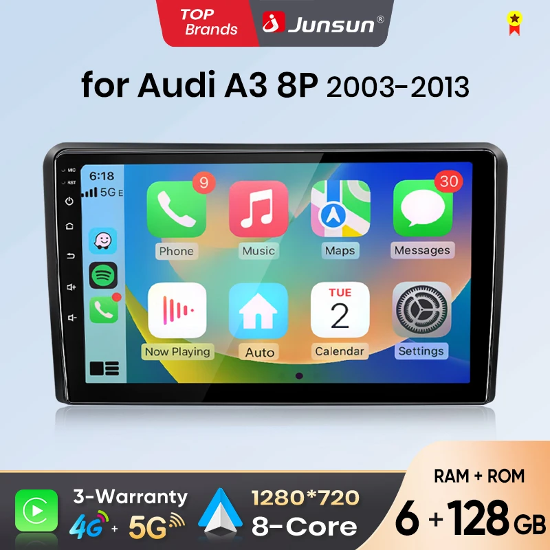 Autoradio Android Auto Junsun pour Audi A3 2003 2004 2005 2006 2007 2008 2009 2010-2013, système intelligent multimédia sans fil Apple CarPlay, écran tactile IPS, lecteur vidéo stéréo, autoradio 2 Din, navigation BT GPS 4G WIFI FM AM DSP RDS SWC