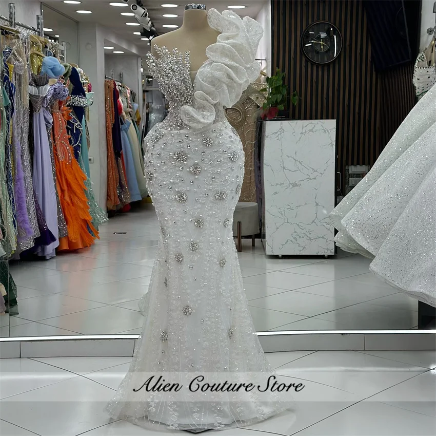 White Mermaid Prom Dress 2025 Bead Diamonds Luxury Evening Gown Vestidos Wedding Reception Party Gown Customized