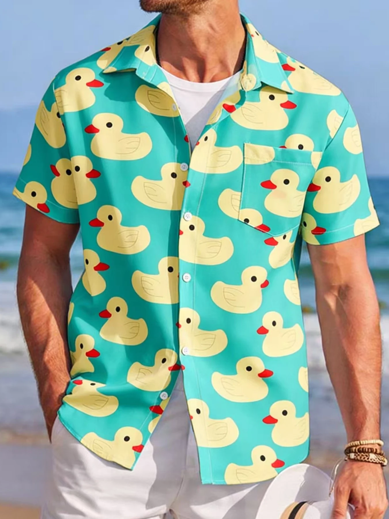 

Men's Shirt Top, Rubber Duck Print, Camp Collar Bowling Shirts Short Sleeve Closure Summer Hawaiian Shirt Male Casual Button Up