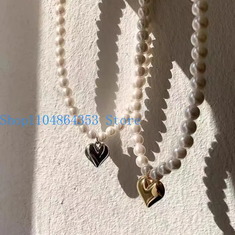 652F Elegant Pearls Necklace Heart Pendant Necklace Fashion Neck Jewelry CCB Material Beads Choker Great Gift for Women Girls