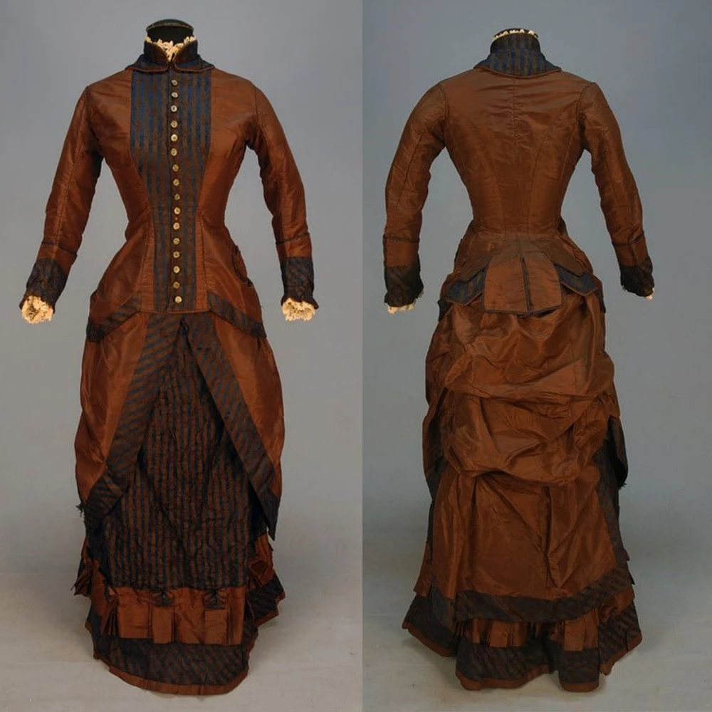 

1880s Gothic Stripe Bustle Dress Victorian Renaissance Noble Walking Costume Edwardian Duchess Manor Visiting Dress Ball Gown