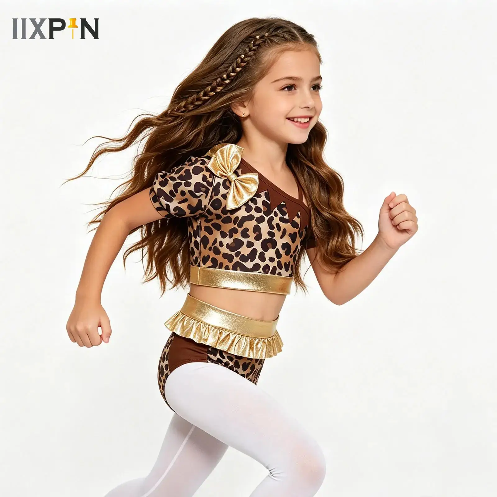 Kids Girls Ballet Gymnastics Leotards Dance Suit Leopard Cave Prehistoric Costume Bow Crop Top with Briefs Wildman Outfits