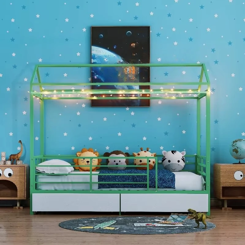 Twin Size House Shape Bed Frame 2 Storage Drawers Space Saving Modern Design Sturdy Metal Construction Easy Assembly ODM/OEM