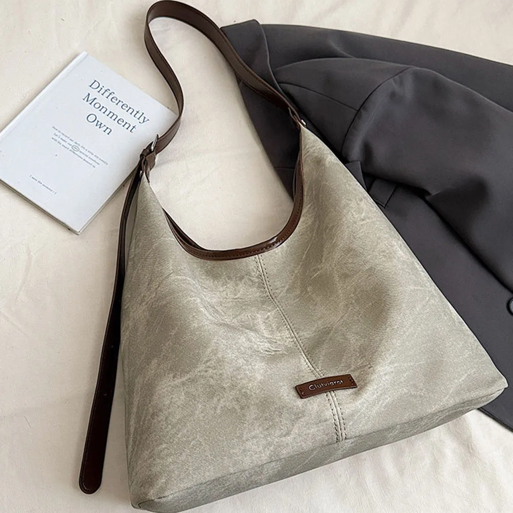 Color Block Design Large Capacity Solid Color Tote Bag Womens Faux Leather Shoulder Bag Vintage Style Underarm Bag for Women Use