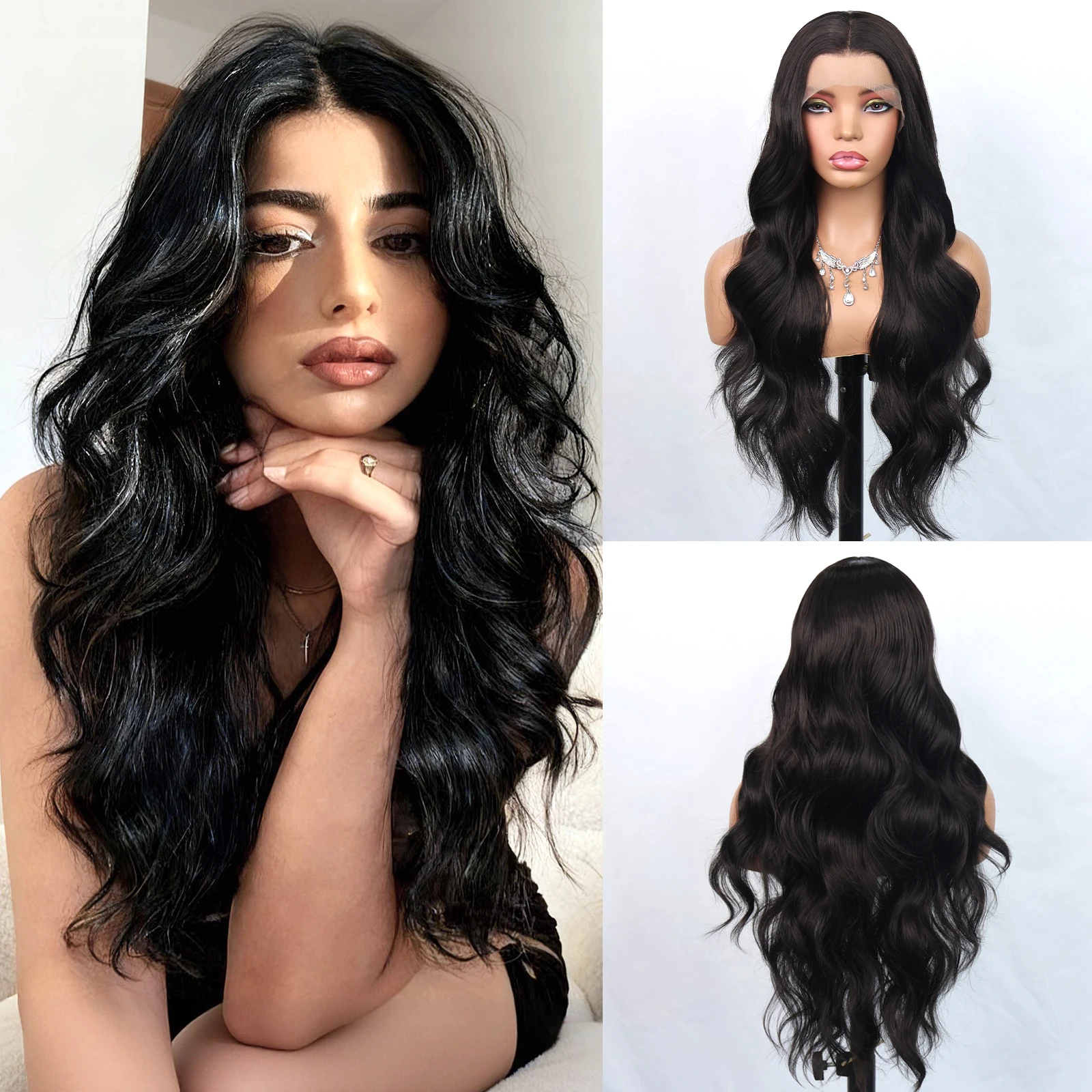 

Aubree 13*4 Синтетический парик на шнуровке спереди Длинный волнистый коричневый цвет Термостойкий бесклеевой парик для ежедневного использования Легко носить и стиль