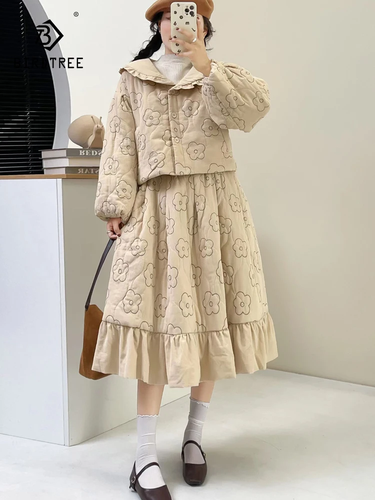 New Autumn Cotton 2 Piece Set, Women Peter Pan Collar Embroidery, Mori Girl Sweet Loose Warm Commute Coat Skirt, Winter S40920CC