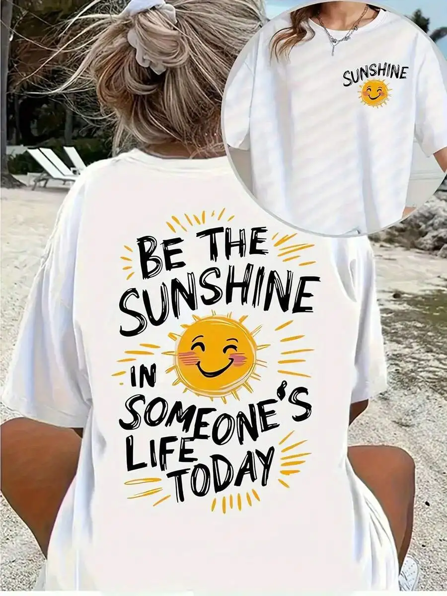 

White Cotton Graphic Tee Women Casual Crew Neck Short Sleeve Oversized Top Summer Beach Wear