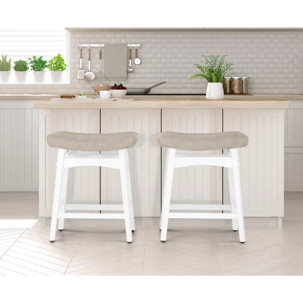 

White Solid Wood Bar Stools Set of 2 for Kitchen Counter Height Barstools with Faux Leather Saddle Seat Farmhouse Upholstered St