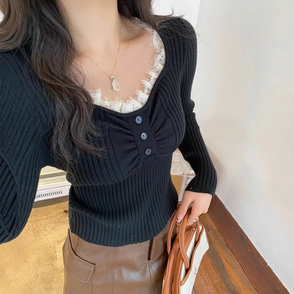 

Casual Korean Style Comfortable Sweater Women's V-neck Lace Knitted Base Shirt Slim Fit Inner Wear Short Style Pure Desire