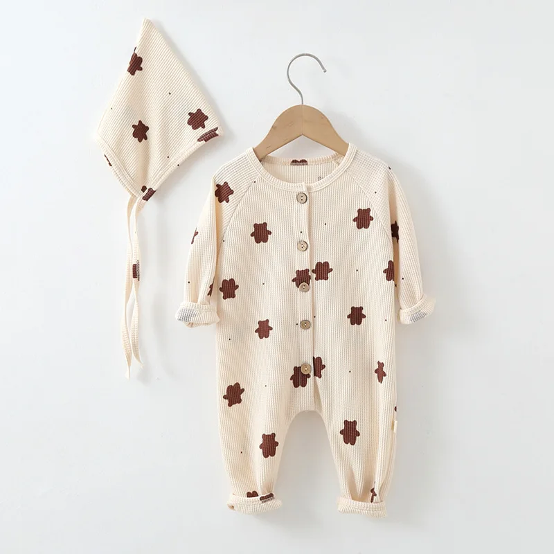 Lovely Cartoon Baby Boys Girls Romper Autumn Spring Cute Bear Long Sleeve Jumpsuits with Hat 3-24Months Newborn Infant Clothes