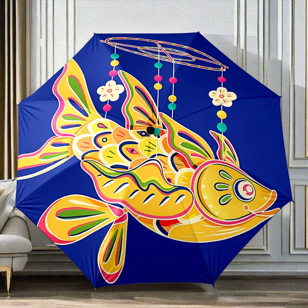 Colorful Fish Design with Floral and Beaded Accents on a Blue Background Portable Folding Umbrella,Gift for Family And Friends