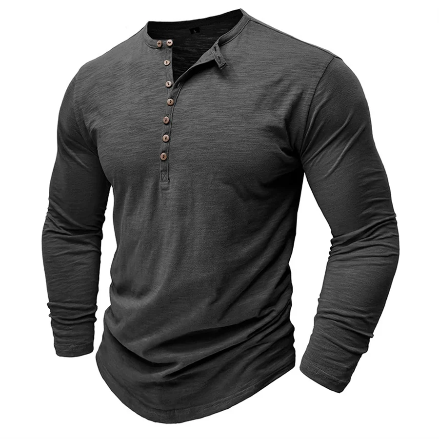 2024 New Men\'s 100% Cotton Henley T-Shirt Long Sleeve Shirt Basic Retro Casual T Shirts Button Washed Worn V-neck Men Clothing