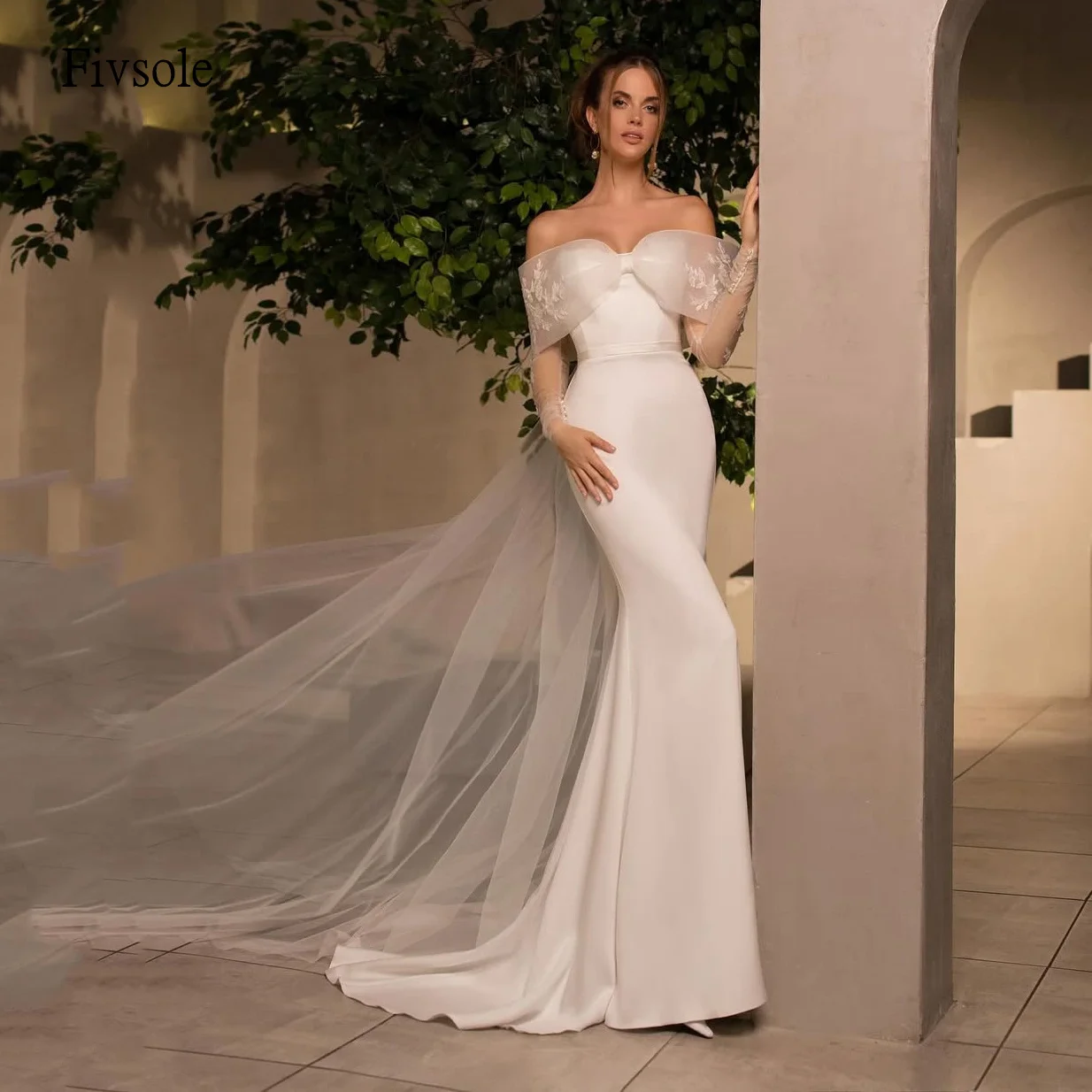 Fivsole Graceful Lace Bow Neck Mermaid Wedding Dress Off The Shoulder Bride Dresses Floor Length Wedding Gowns Customized