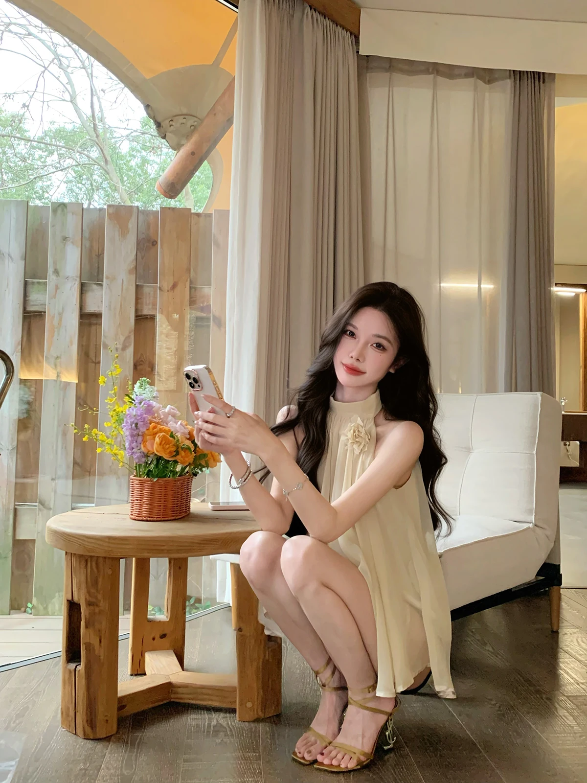 

Sexy Chiffon Top Women's Mid-Length Sleeveless round Neck Gown JustQin 2026 New Summer Fashion Elegant Style Flower Decoration