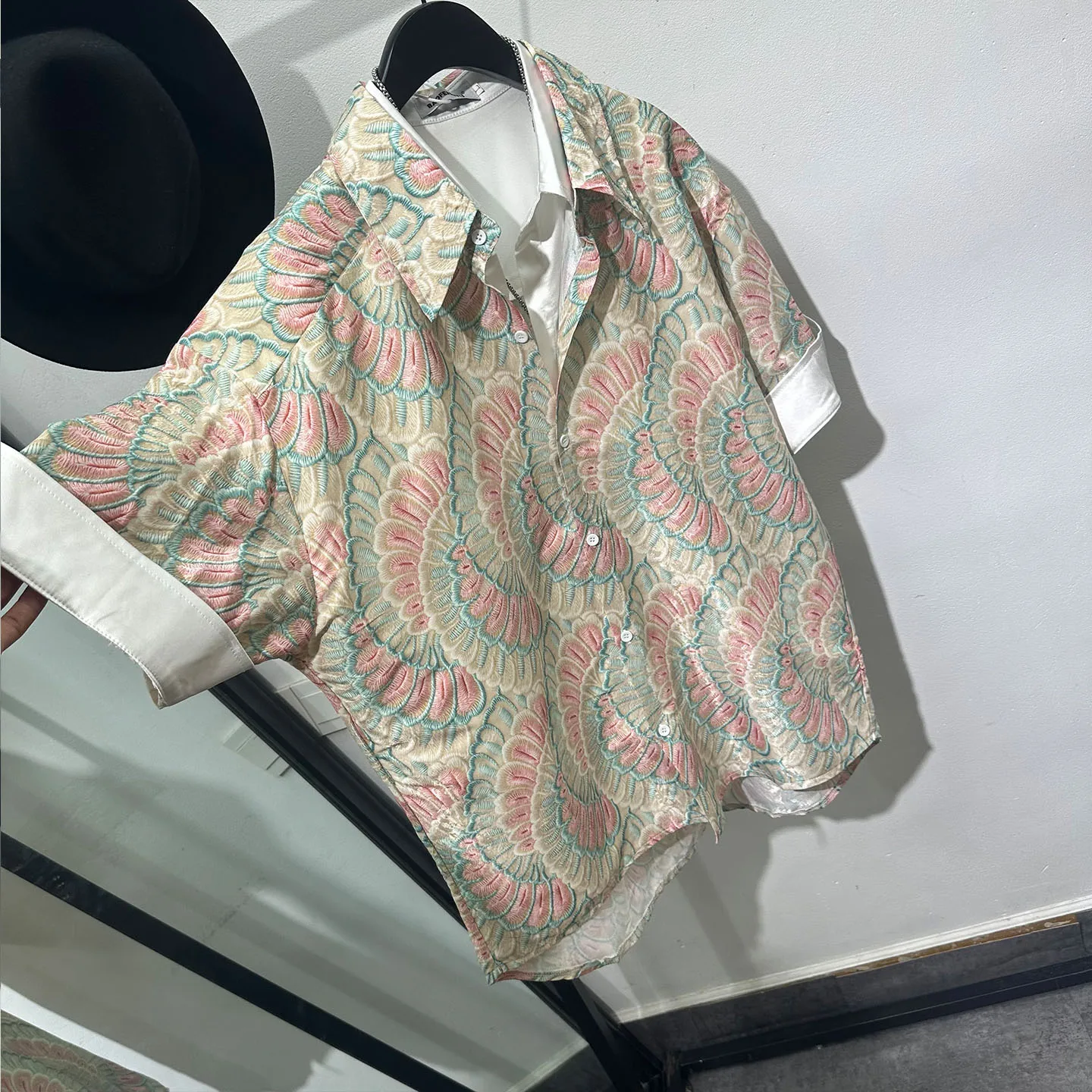 Summer Fashionable Vacation Style Stitching Printing Short-Sleeved Shirt Men's Non-Ironing Fake Two-Piece Lapel Design Loose