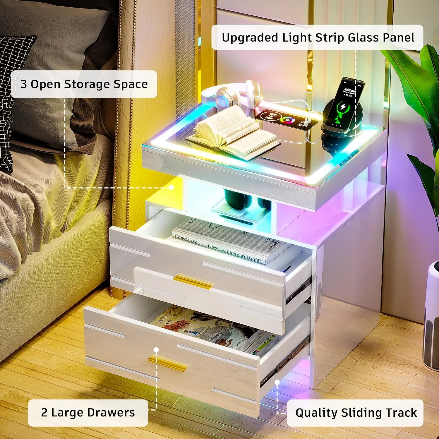 Smart Nightstand with RGB Lights & USB Charging Station for Bedroom Furniture White, Customized