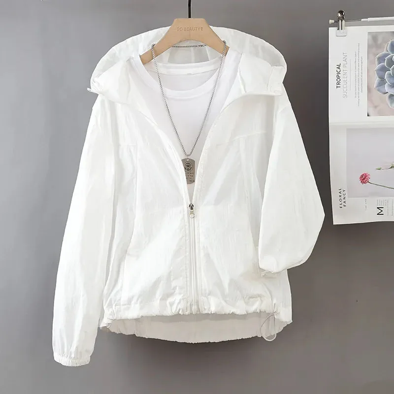 Korean Minimalist Commute 2025 Summer Thin Hooded Loose Sunscreen Clothing Women's Solid Cardigan Zipper Pockets Versatile Coats