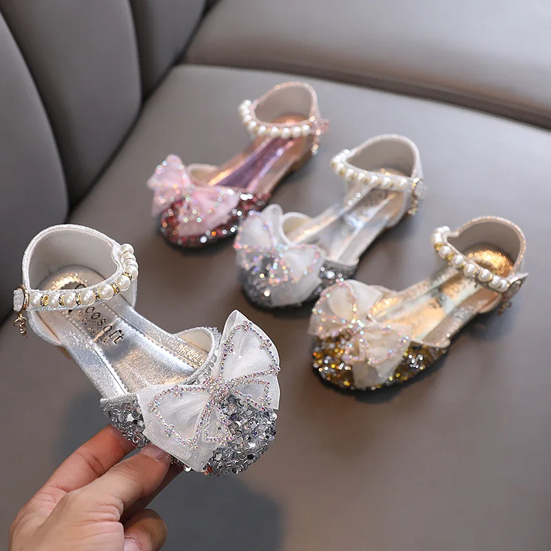 Girls Sequin Princess Shoes Fashion Summer Elegant Bow Childrens Shoes Student Party Kids Sandals H175