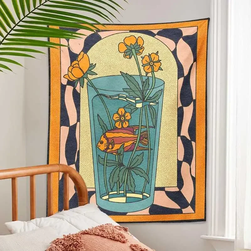 VIKAMA Retro Fish Tank Flower Tapestry 70s psychedelic Wall Tapestry Bedroom Living Room and Bohemian Home Decoration Z260813