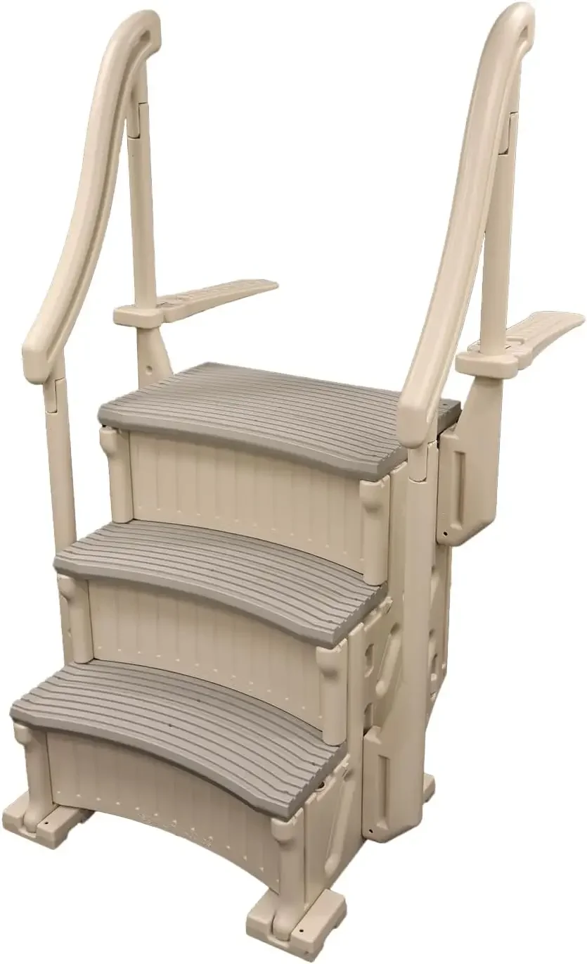 Curved Drop-in Inground Pool Step 3 Tread Stair Entry System w/ 2 Handrails & Adjustable Mounting Brackets - Base Step, Grey