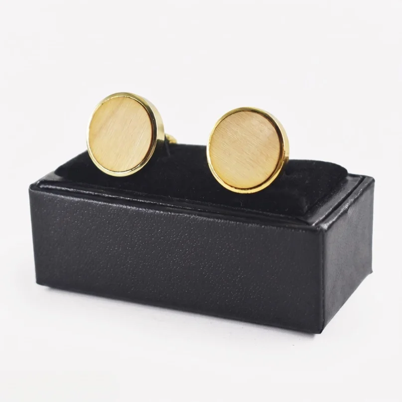 Wooden Cufflinks for Men Round Brass Frame Walnut Cuff Links Classic Shirt Cuff Buttons Wedding Business Gift for Gentlemen