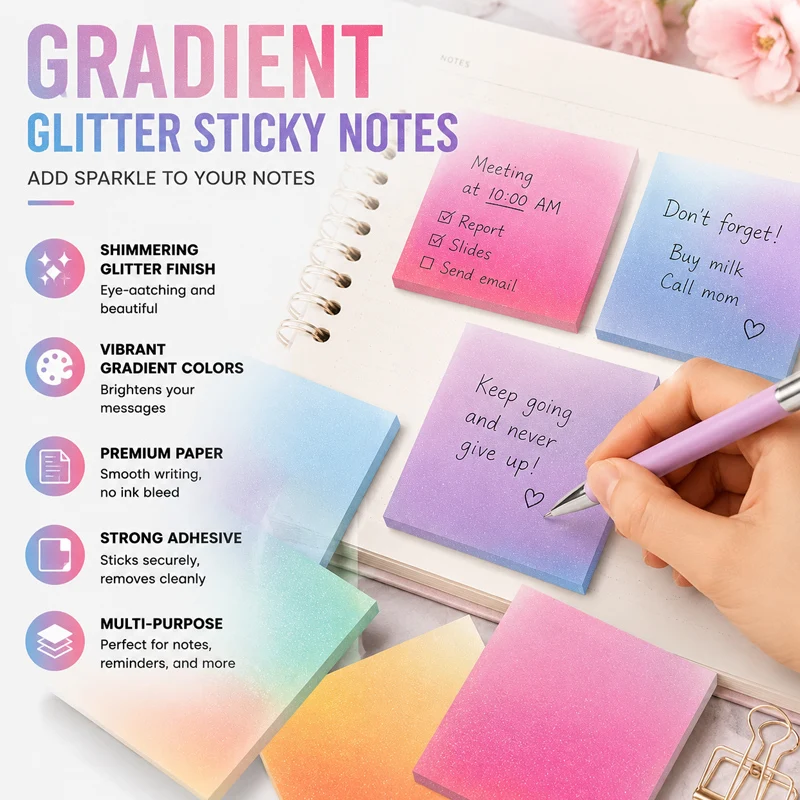 PET Gradient Sparkle Sticky Notes Pad Semi Transparent Pre Glued Self Adhesive Notepad for School Office Professionals