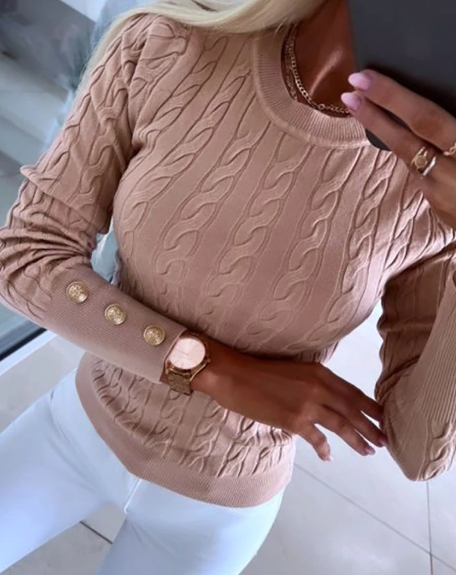 Suéteres cálidos informales de manga larga con cuello redondo para mujer, Top de punto ajustado trenzado abotonado, Jersey elegante a la moda 2023