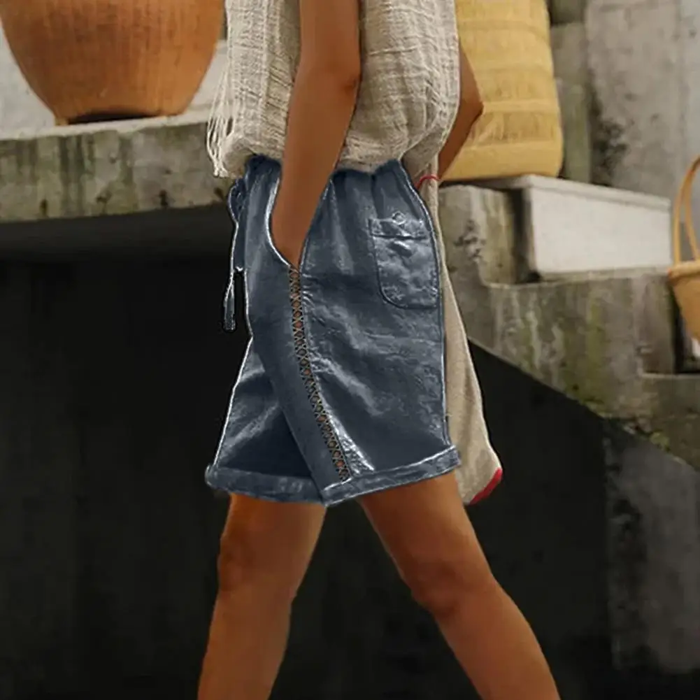 2025, damesshorts met zak, vetersluiting, taille, knielengte, zachte textuur, zweetabsorberend kant, gesplitst, losse pasvorm, zomerbroek, trainen
