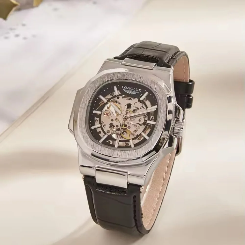 Men's Mechanical Watch, Fully Automatic Skeleton Square Dial, Waterproof Luminous Leather Strap Wristwatch, Business Luxury Niche Men's Watch, Gift for Boyfriend or Husband, High-End Sports Casual Watch, Trendy Versatile Watch for Students, Genuine Mechanical Movement Watch