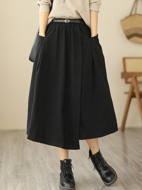 

Authentic Retro Waist Belt Midi A-Line Skirt Elastic Waist Slimming True to Size f Skirt Casual mid Elastic Waist