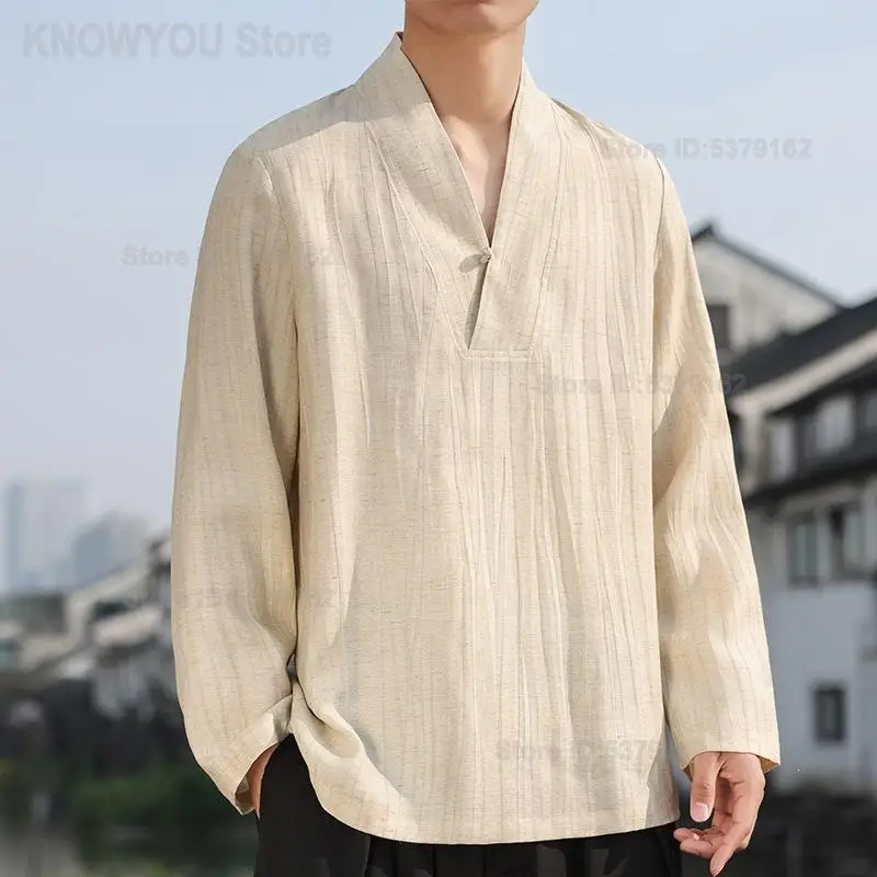 Men New Chinese Style Cotton Linen Long Sleeve Shirt V Neck Frog Button Loose Zen Tea Wear Modified Oriental Pullover Top Outfit