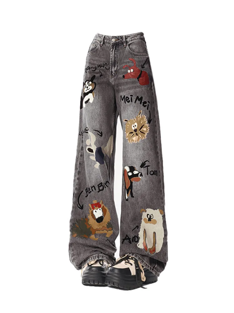 

New Design High Waist Jeans Blue Painted Print Casual Wide Leg Pants Summer Women 2000s Y2k Hip-hop High Street Trousers Design
