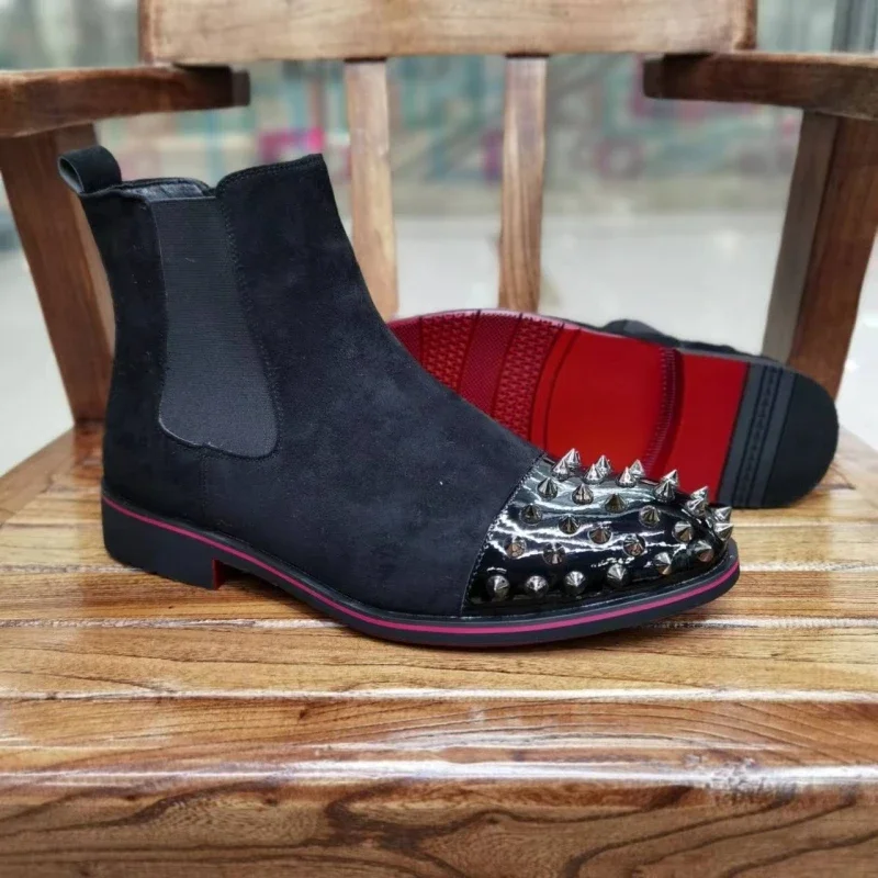 New Red Sole Men Chelsea Boots Rivet Square Toe Flock Slip-On Business Men Short Boots Botas De Hombre Men Boots