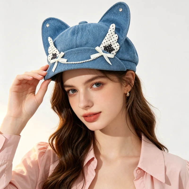 Cute Cat Ears Denim Polka Dot Wings Beret Cap for Women Y2k Sweet Bow Pearl Soft Overhang Brim Octagonal Newsboy Hats Bonnet